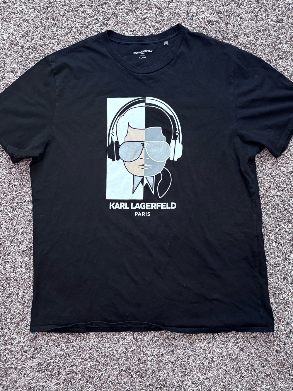Karl Lagerfeld Black Graphic Headphones Tee with Silver and Cream Accents
